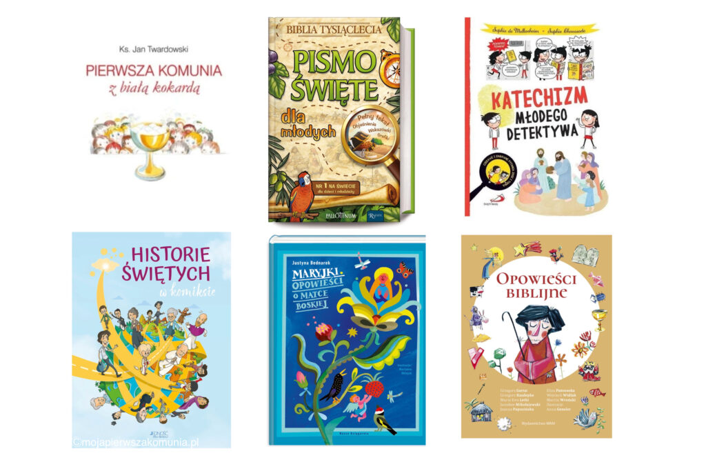 Mądre książki z okazji komunii. Niebieska książka o Maryi, Pismo święte, historie świętych w komiksie, pierwsza komunia z białą kokardką, katechizm młodego detektywa