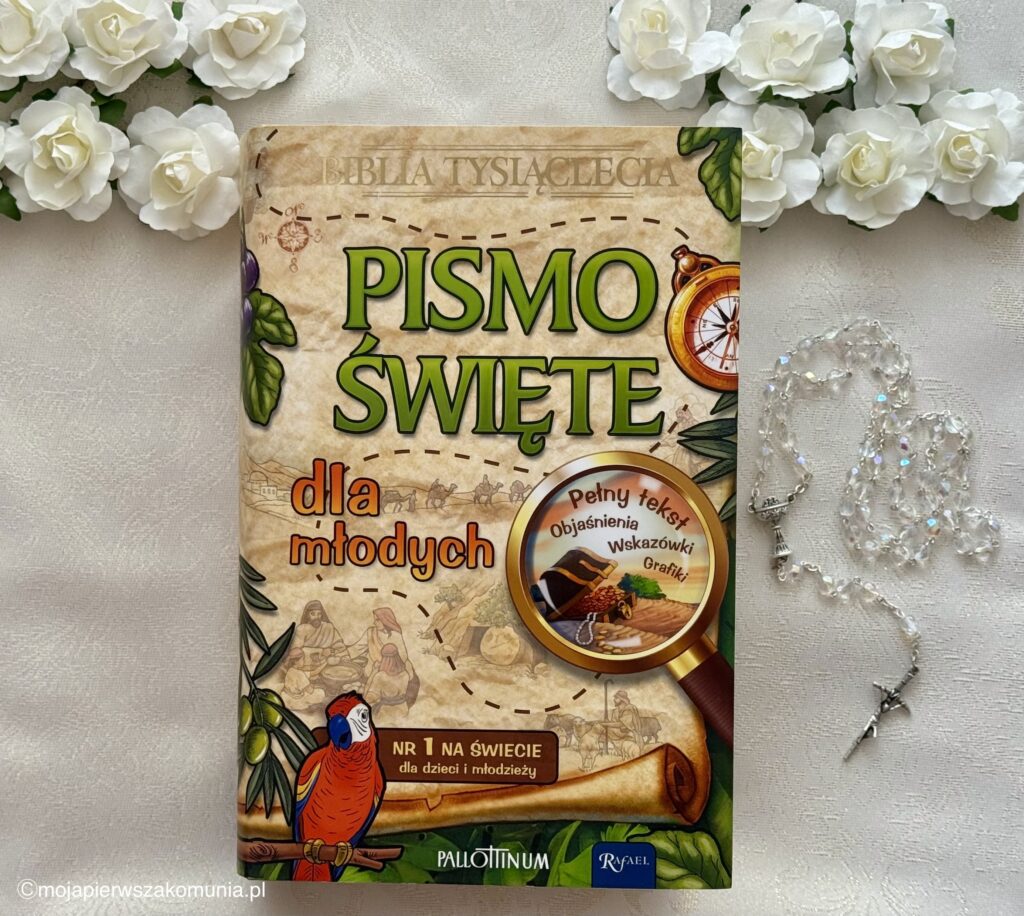 Pismo Święte dla Młodych pamiątka Pierwszej Komunii, różaniec na komunię, białe róże,