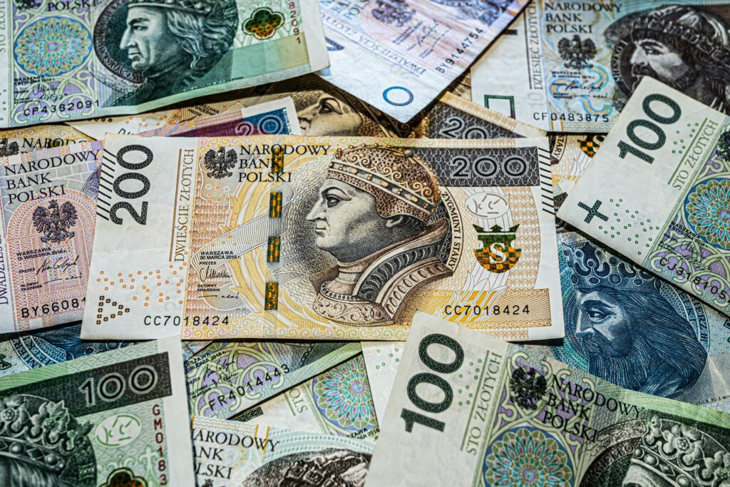 Colorful Polish Zloty banknotes from Narodowy Bank Polski in vibrant composition.